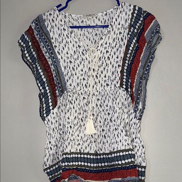 Umgee Black and White Tie Front Bohemian Relaxed Top Large - Picture 1 of 13